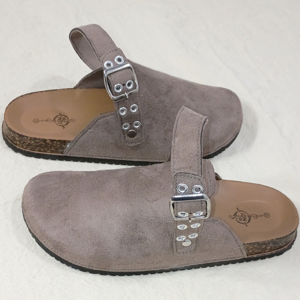 Elegant Taupe Suede Mules with Buckle